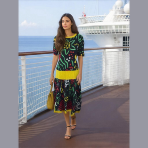 Vintage Color Block Floral Dress 8 Drop Waist Tropical Resort Cruise100% Cotton